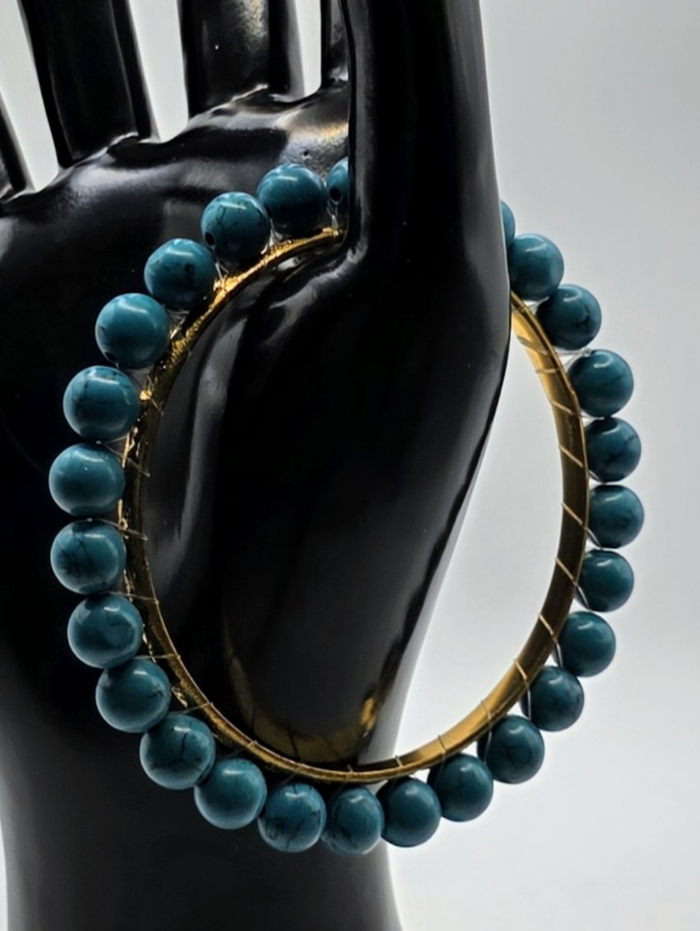 Turquoise Beaded Bangle Bracelet Gold Tone Hoop Statement Bracelet Boho Jewelry